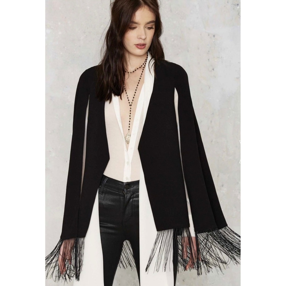 Lavish Alice Black Fringe Cape Blazer Jacket Split Sleeve Open Front  XS
